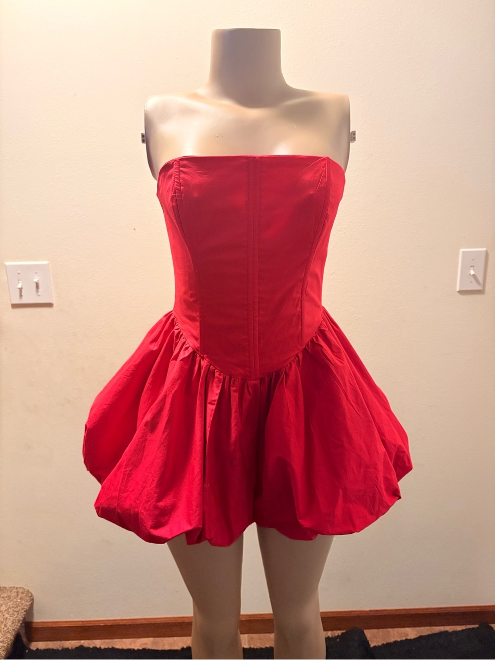 Fashion Nova Strapless Red Bubble-Hem Mini Dress